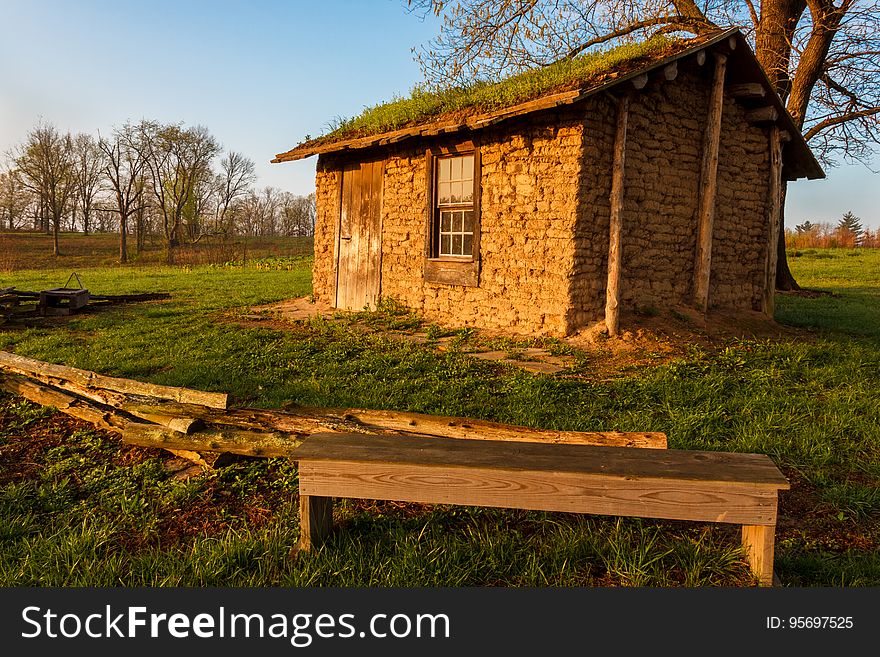 Sunrise over Shaw Nature Reserve at Gray Summit Missouri. Demonstrating the challenges that the pioneers faced when making homes on the prairie, having no trees or rocks available, this house is constructed from sod. It was completed in the fall of 2004 with lots of help from Shaw Nature Reserve staff and volunteers. Sunrise over Shaw Nature Reserve at Gray Summit Missouri. Demonstrating the challenges that the pioneers faced when making homes on the prairie, having no trees or rocks available, this house is constructed from sod. It was completed in the fall of 2004 with lots of help from Shaw Nature Reserve staff and volunteers.