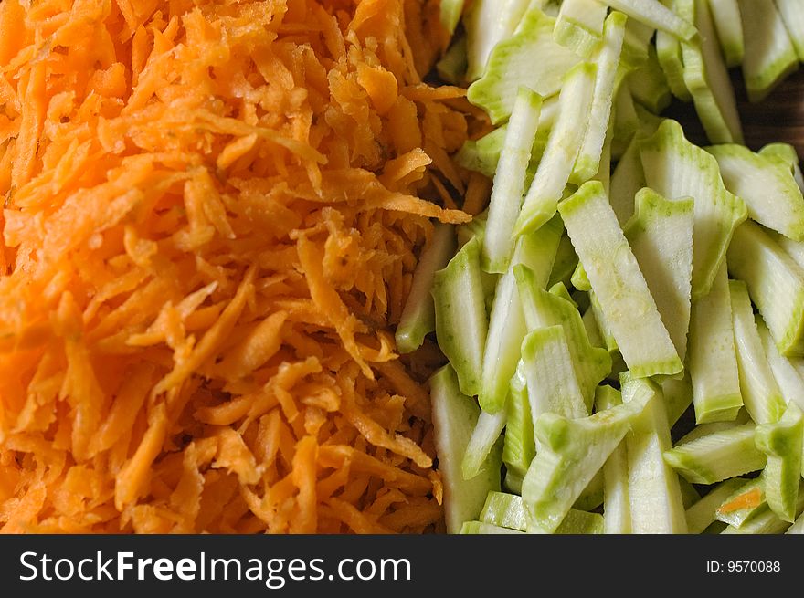 Macro shot of sliced carrots and zucchini