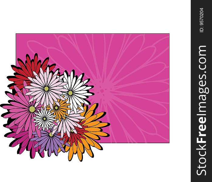 A bouquet of illustrated daisies in front of a bright pink background. A bouquet of illustrated daisies in front of a bright pink background.