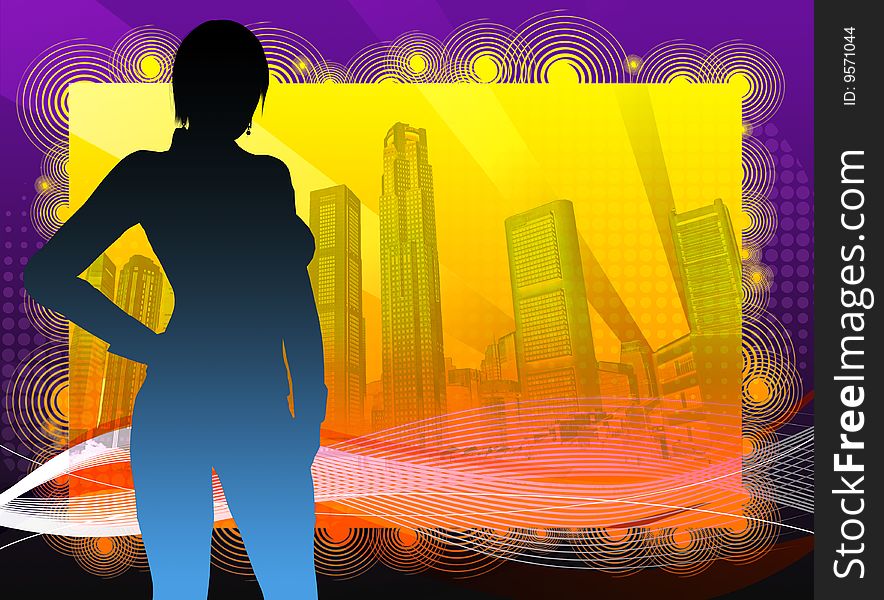 Funky background with Singapore River skyline and lady silhouette. Funky background with Singapore River skyline and lady silhouette