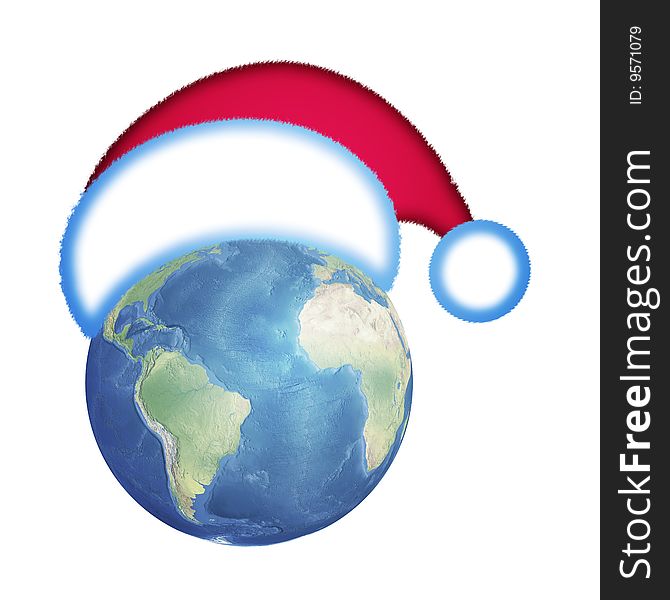 Blue globe in hat of Santa Claus on white background. Blue globe in hat of Santa Claus on white background
