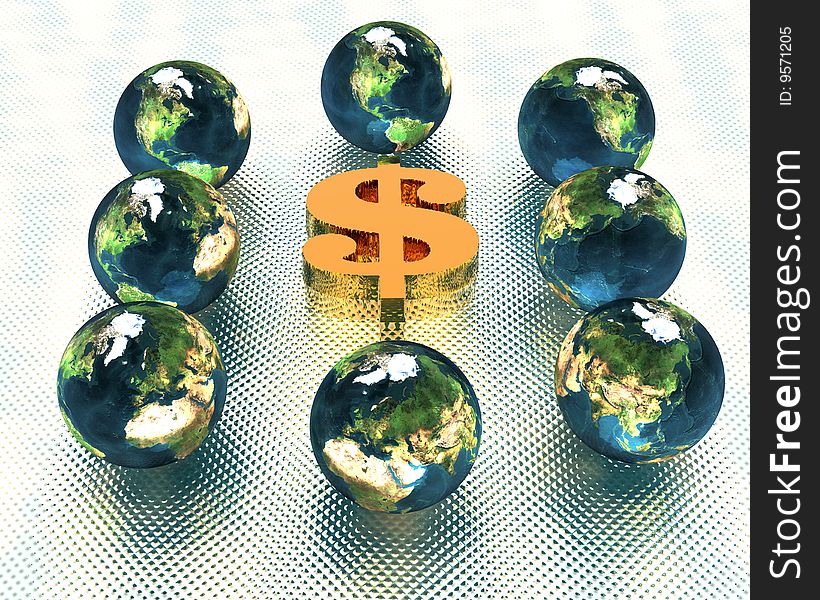 Golden us dollar sign with models of the earth