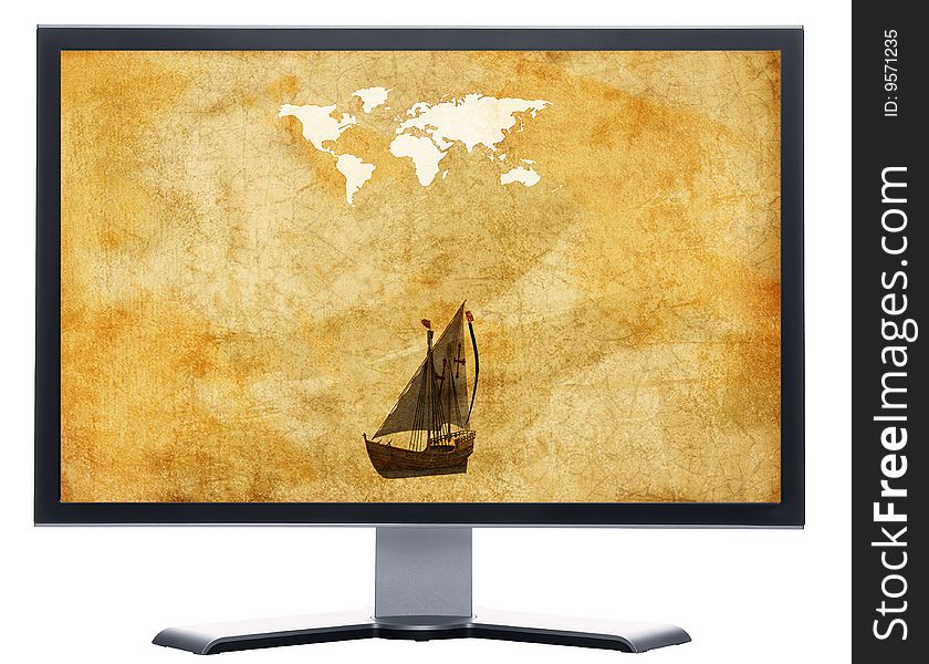 Monitor With Old World Map On Grunge Retro Paper