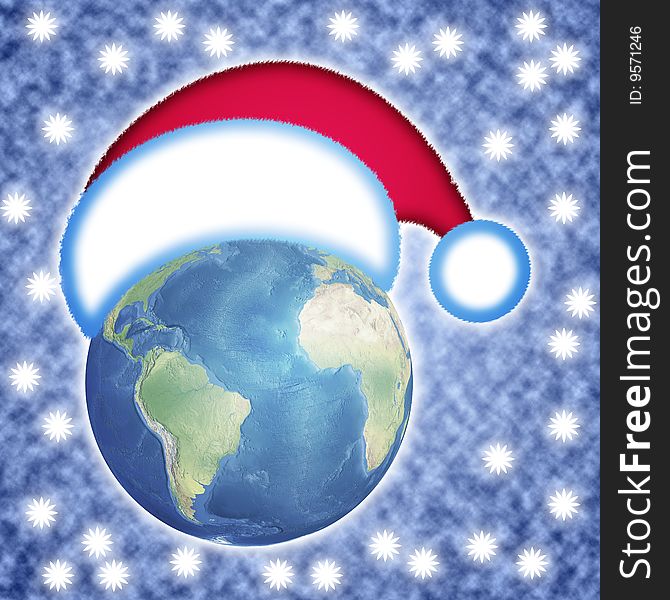 Blue globe in  hat of Santa Claus on white background. Blue globe in  hat of Santa Claus on white background