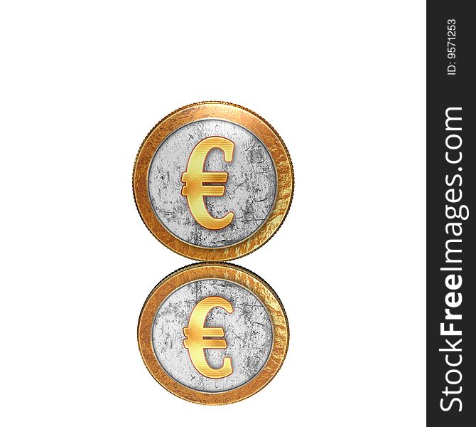 Golden coin with reflectoin on mirror background