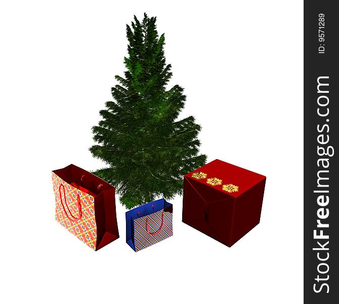 Bare Christmas tree ready to decorate with gifts box on white