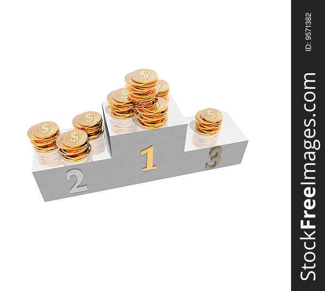 Podium with golden coins isolated on a white