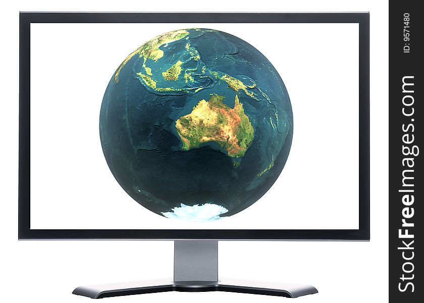 Monitor with 3D globe with Australia isolated on white