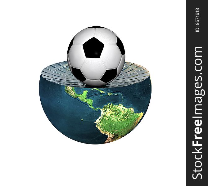 Soccer ball on earth hemisphere isolated on a white