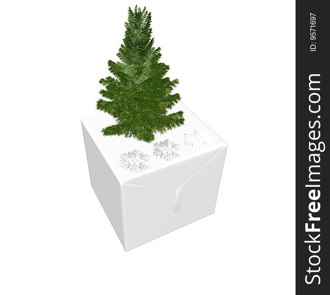 Bare Christmas tree ready to decorate with gifts box on white