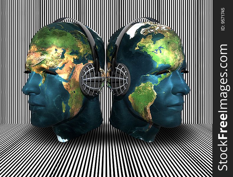 3D men head with earth texture with headphone on stripes background