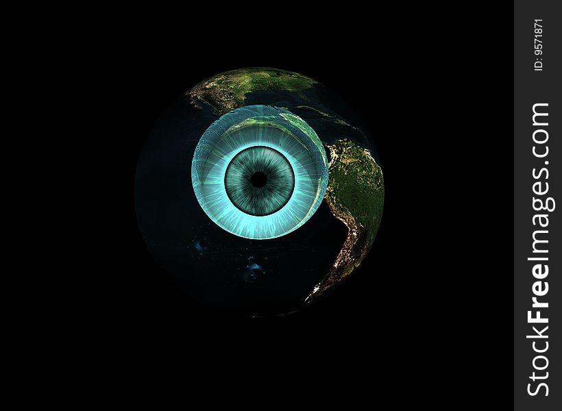 3d earth with eye on black background