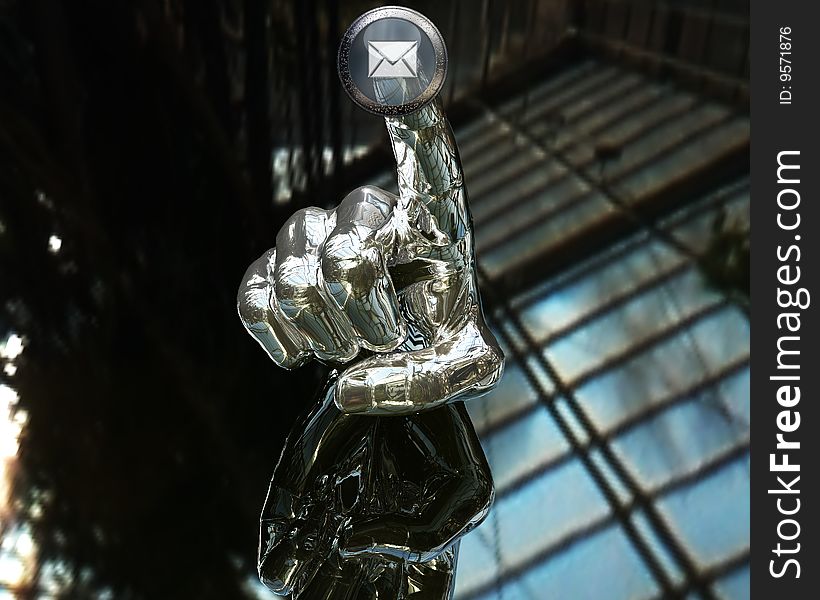 3D silver hand pushing transparent button. 3D silver hand pushing transparent button