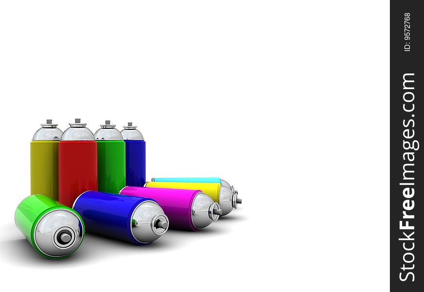 3d illustration of colorful spray cans over white background