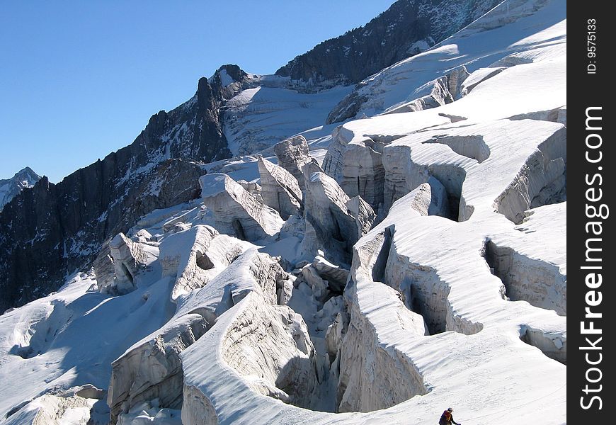 The picture shows really wild glacier crevasses. Tour in the Austrian Alps, Europe.