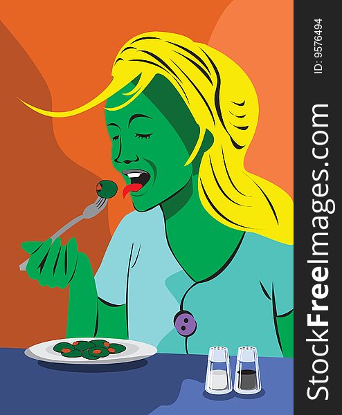 Fun illustration of a young women eating olives happily. Fun illustration of a young women eating olives happily.