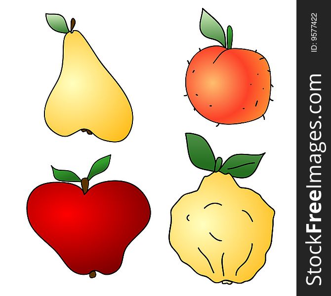 A childish  illustration of 4 autumn fruits isolated on white background.