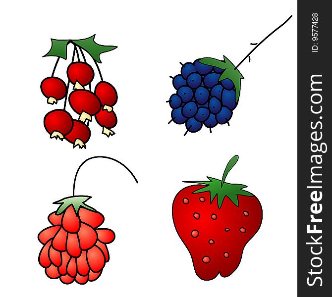 A childish  illustration of 4 berries isolated on white background.