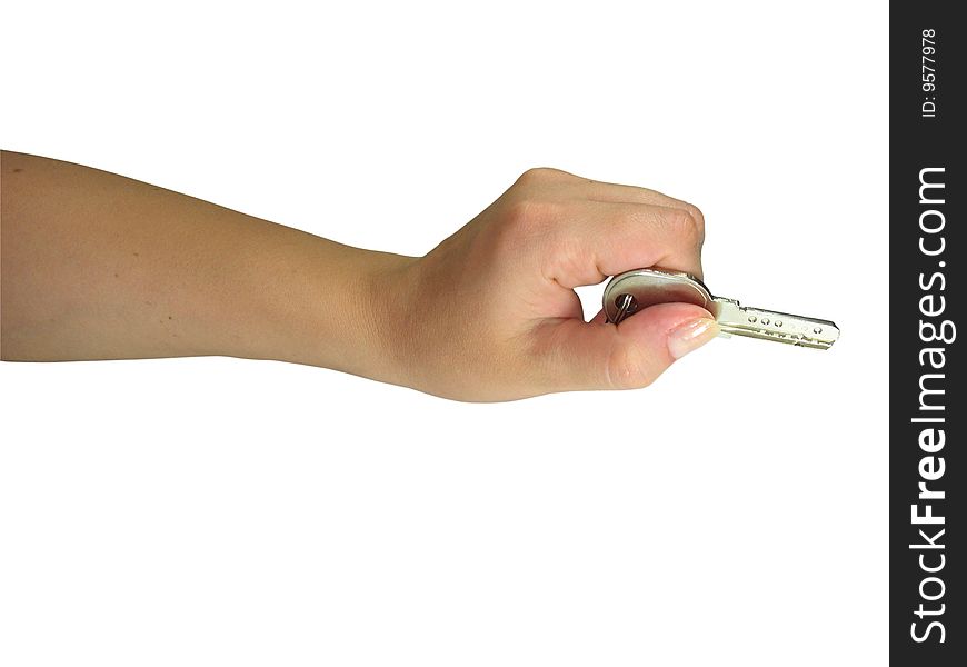 Woman hand giving the key isolated over white background