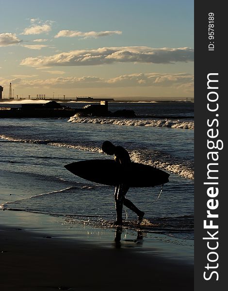 Surfer leaving the water at sunset. Surfer leaving the water at sunset