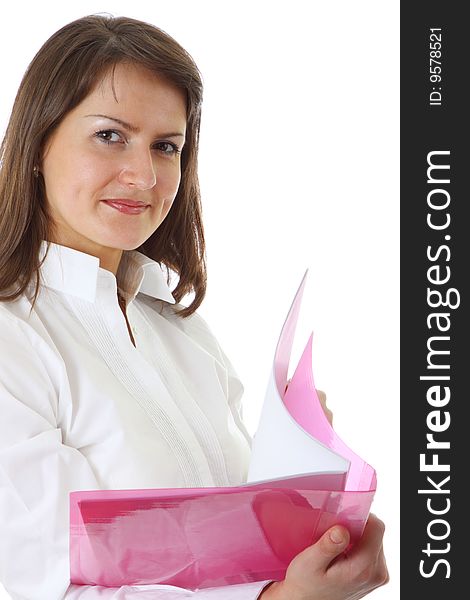 Smiling young business woman isolated on a white background