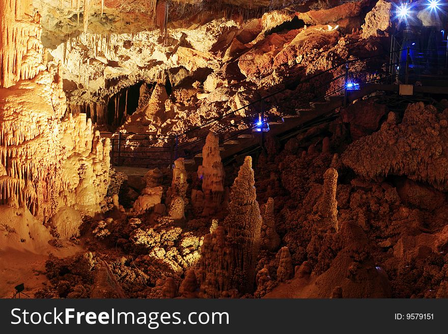 Interior of stalactite and stalagmite cave