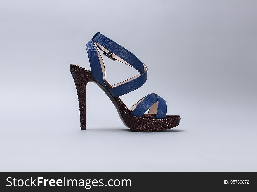 Blue Leather Ankle Strap Black Heeled Sandals