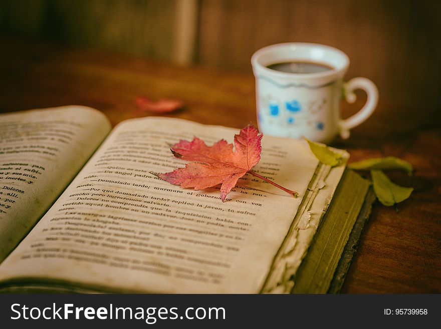 A hot cup of coffee next to a book with a maple leaf on it. A hot cup of coffee next to a book with a maple leaf on it.