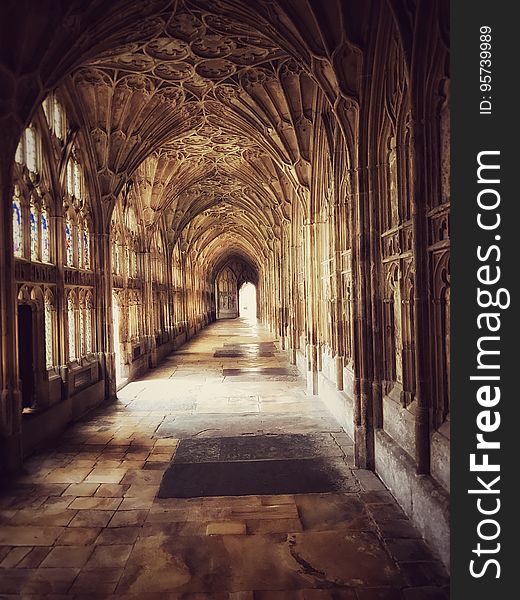 A corridor in a Gothic style building. A corridor in a Gothic style building.
