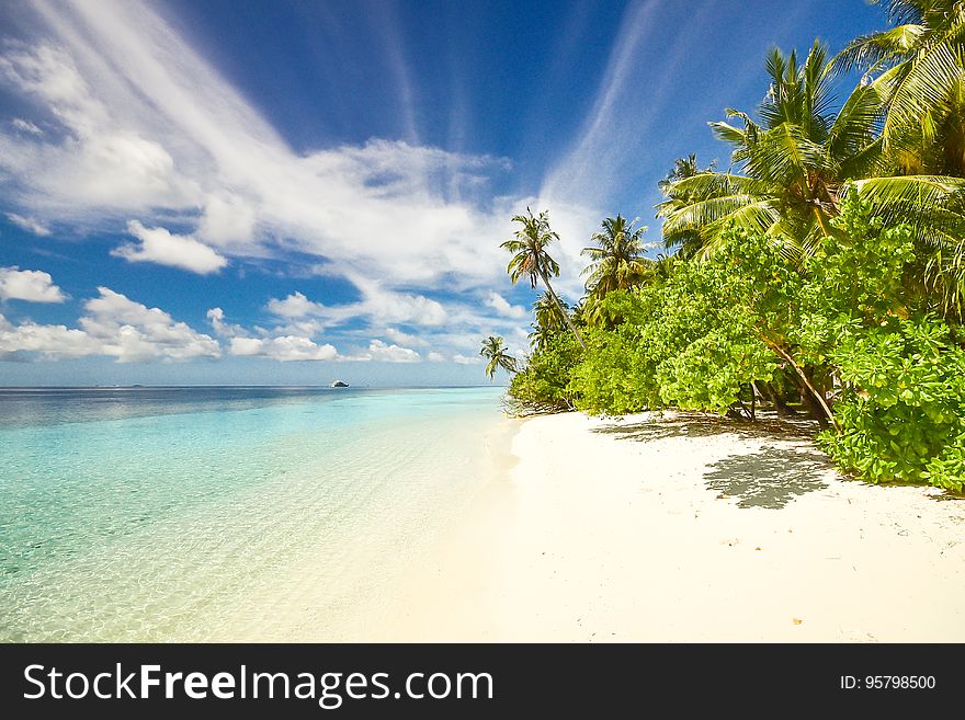 Empty sandy beach with blue waters and sunny skies. Empty sandy beach with blue waters and sunny skies.