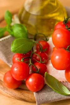 Tomatoes With Basil And Olive Oil Stock Photos