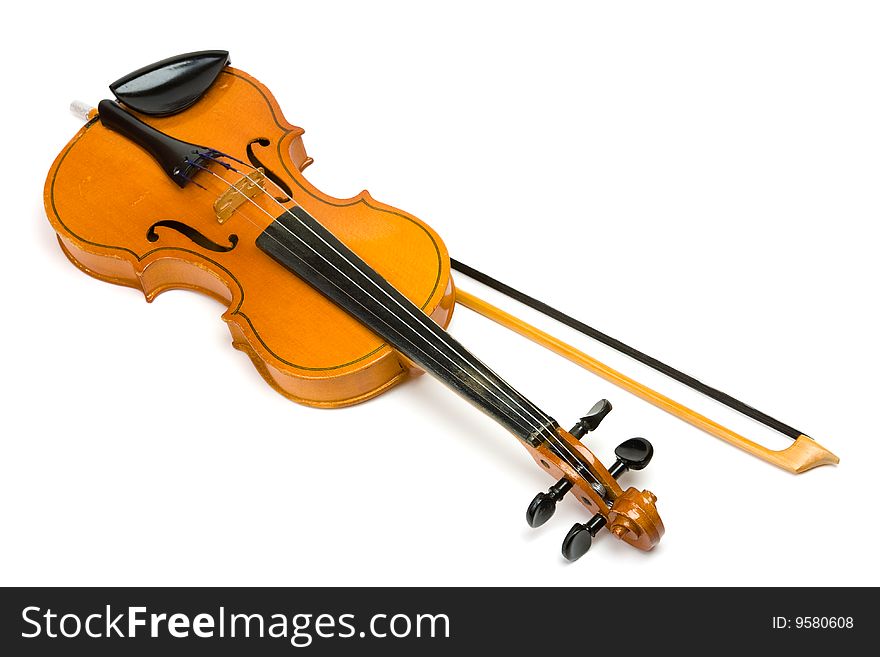 Violin and bow isolated on white.