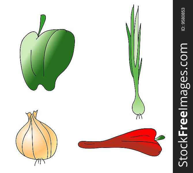 A childish vector illustration of 4 vegetables isolated on white background.