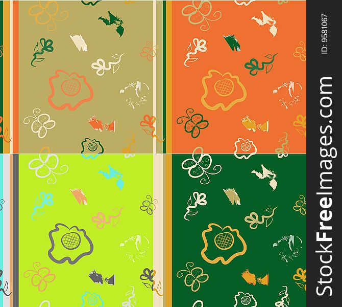 Seamless pattern imitation of children's drawings of flowers and butterflies, in four colors