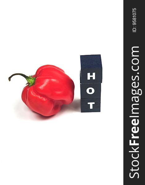 A red hot pepper next to the word hot