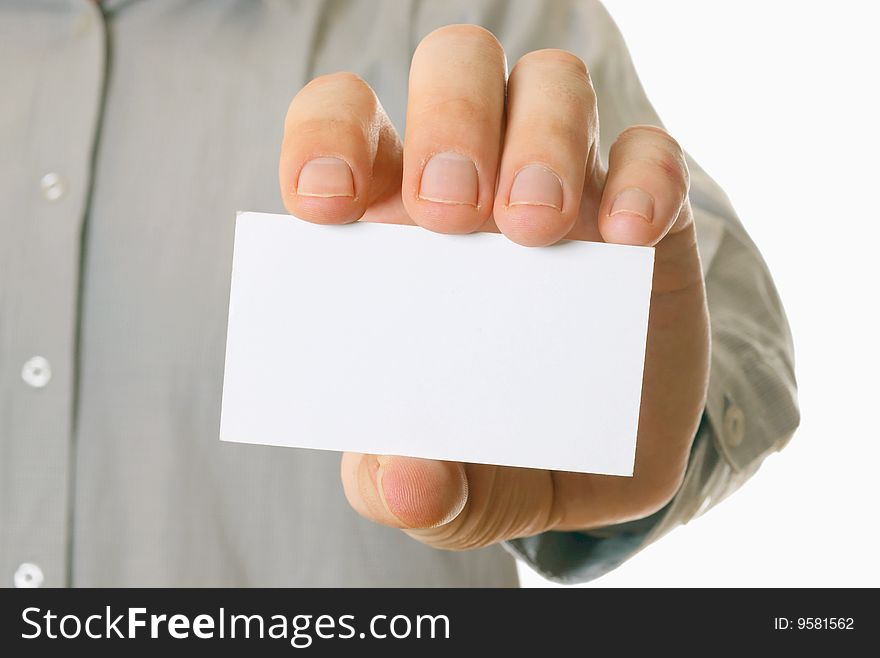 Business man holding visiting card with space for text