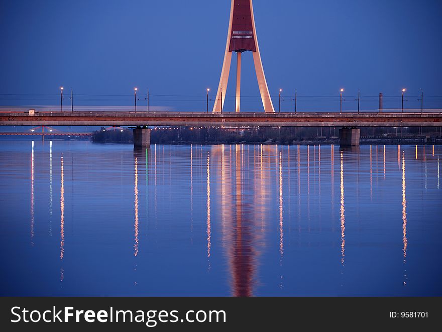 The Riga Island bridge across Daugava river and TV tower.