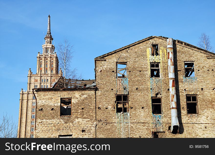 The thrown apartment house against a building of Latvian academy of a science, Riga. The thrown apartment house against a building of Latvian academy of a science, Riga.