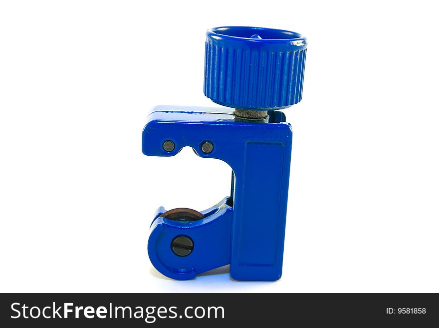 Single blue pipe cutter standing on it's end on a white background