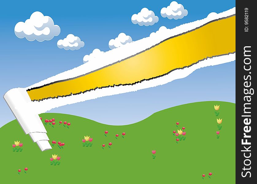 Vector background illustration:ripped picture of sky and grassland