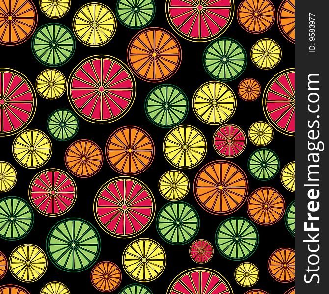 Citrus Seamless Tile with oranges, limes, lemons and grapefruits, on a black background, tile seamlessly.