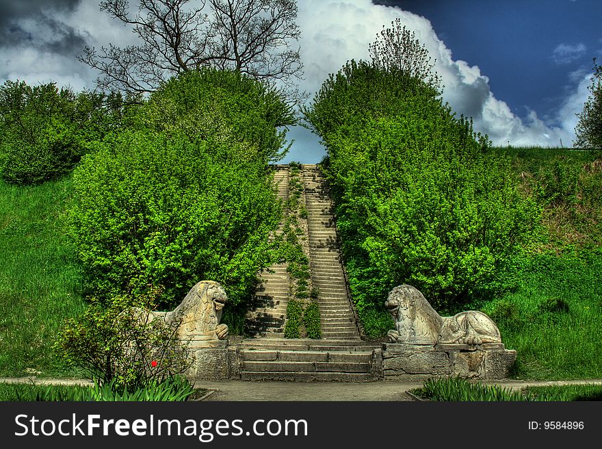 Ancient stairs in the park near Olesko castle, Ukraine