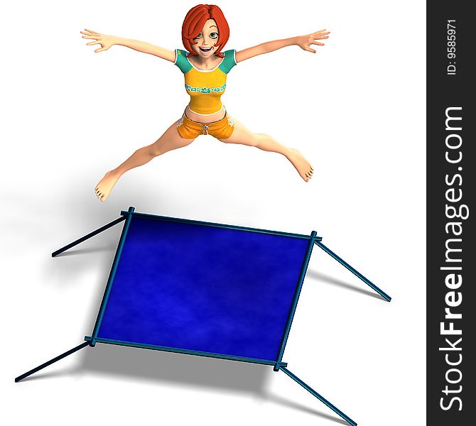 Rendering of a cartoon girl who jumps on a trampoline. With Clipping Path and shadow over white. Rendering of a cartoon girl who jumps on a trampoline. With Clipping Path and shadow over white