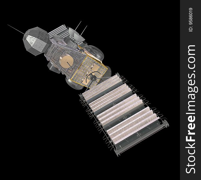 Rendering of a military space satellite With Clipping Path over black. Rendering of a military space satellite With Clipping Path over black