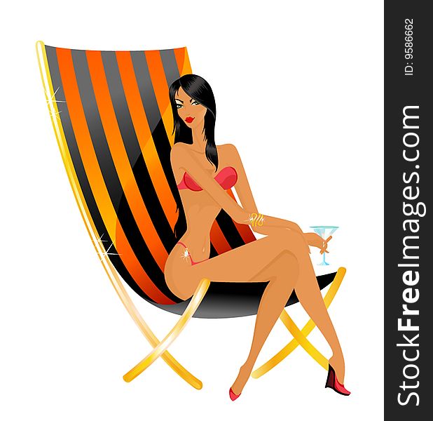 The beautiful young woman in a bathing suit in a beach armchair