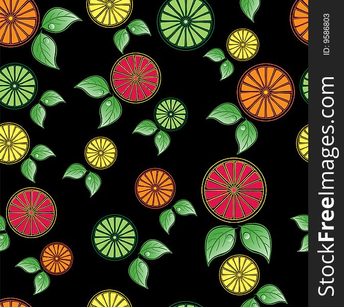Citrus Seamless Tile with oranges, limes, lemons and grapefruits, on a black background, tile seamlessly.