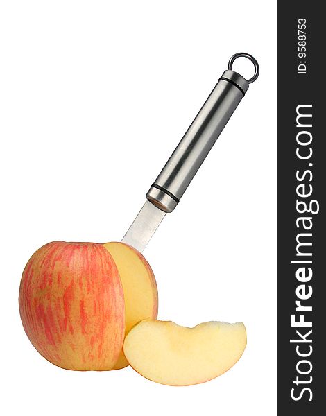 Apple cut on parts and a knife on a white background. Apple cut on parts and a knife on a white background