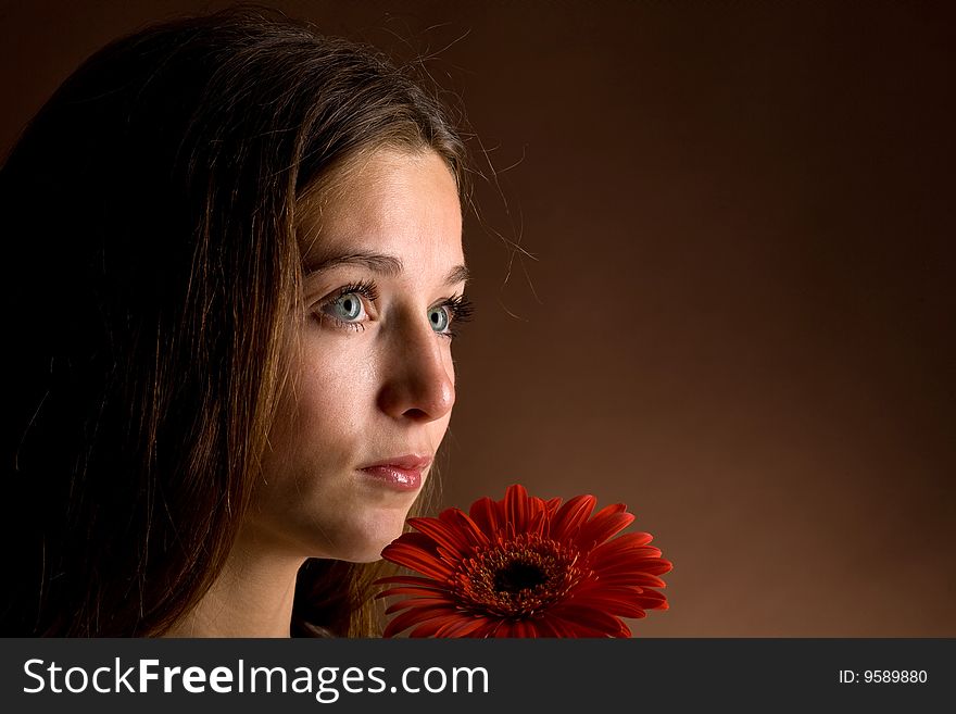 A pretty young woman with long brown hair posing with a red flower in her hand on a dark background. A pretty young woman with long brown hair posing with a red flower in her hand on a dark background