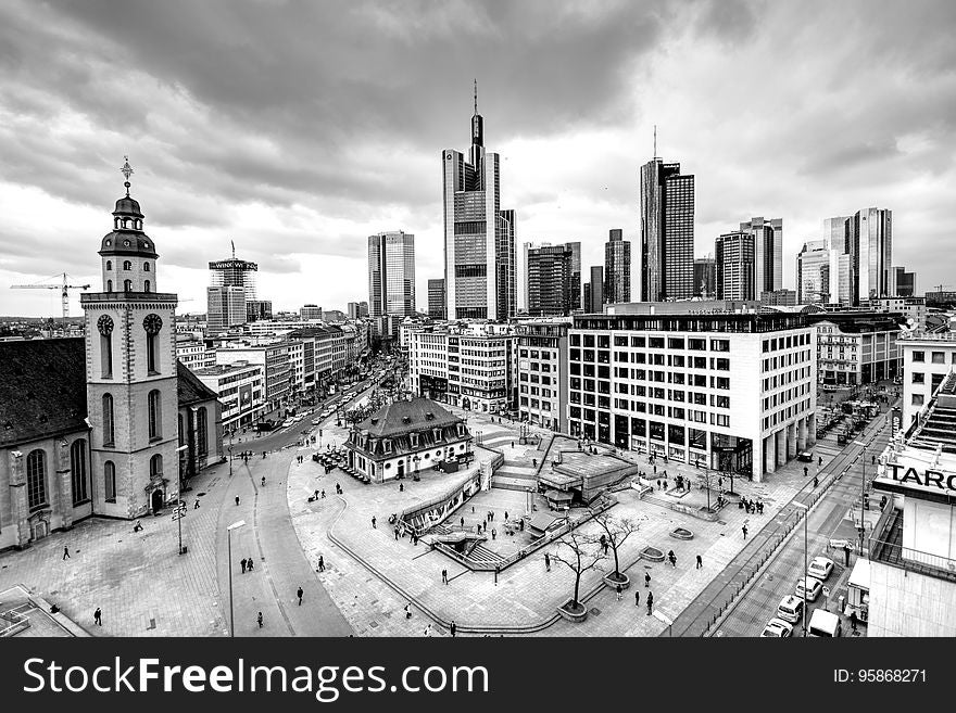 Aerial view over downtown Frankfurt, Germany in black and white.