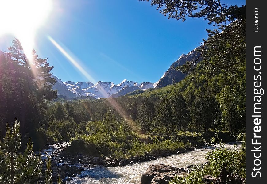 River high in the mountains in summer on a clear day